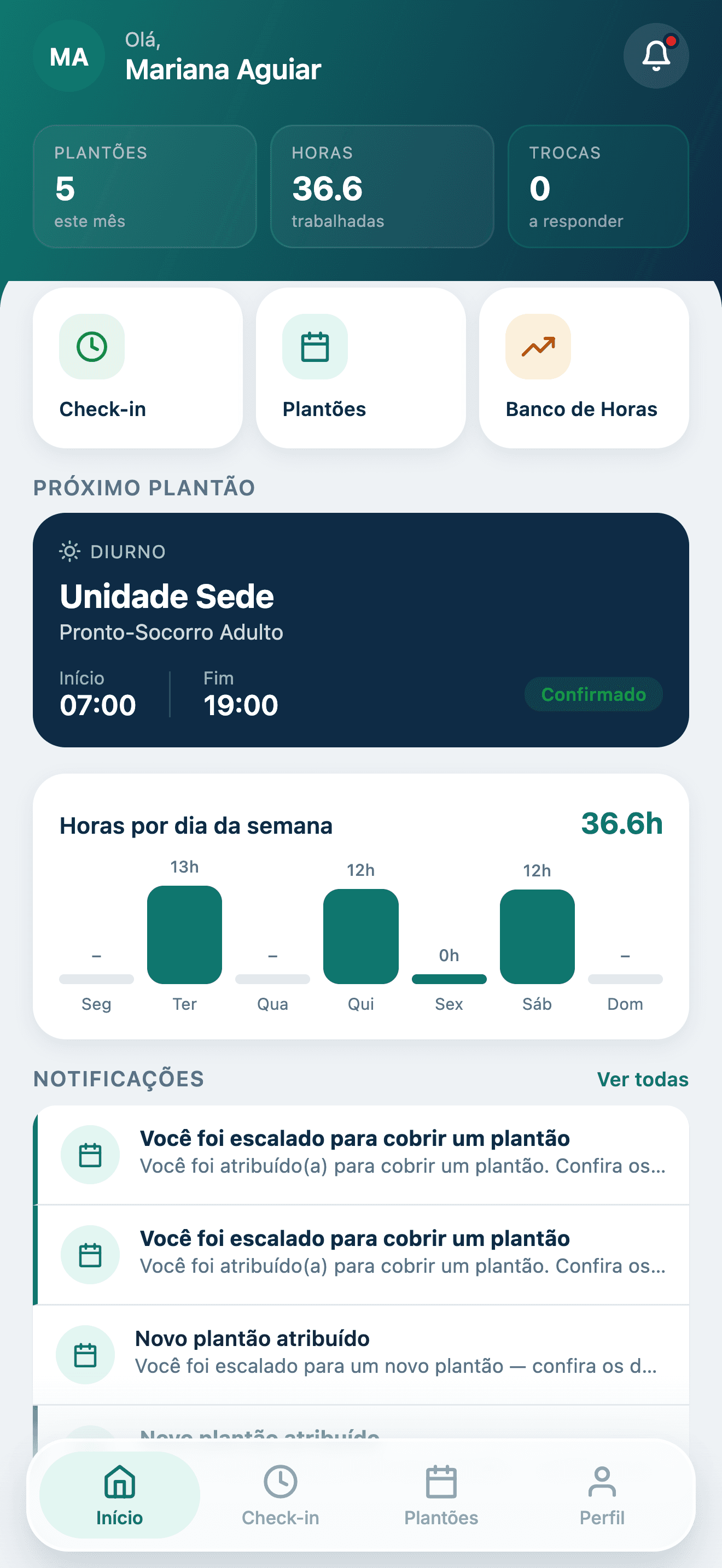 Tela inicial do app Arcus mostrando plantões do mês, horas trabalhadas e o próximo plantão confirmado