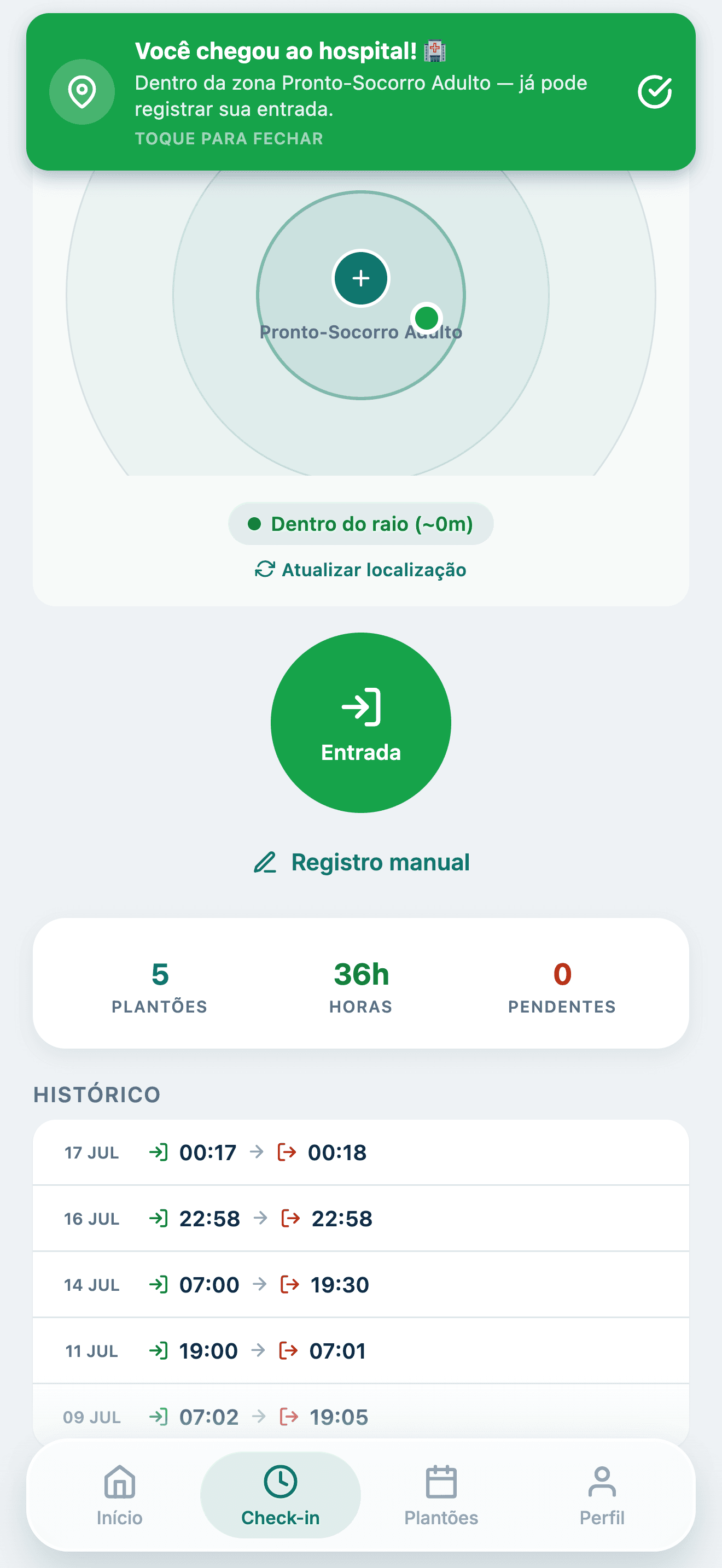 Tela de check-in do Arcus mostrando o raio de geofence e o aviso de chegada ao hospital