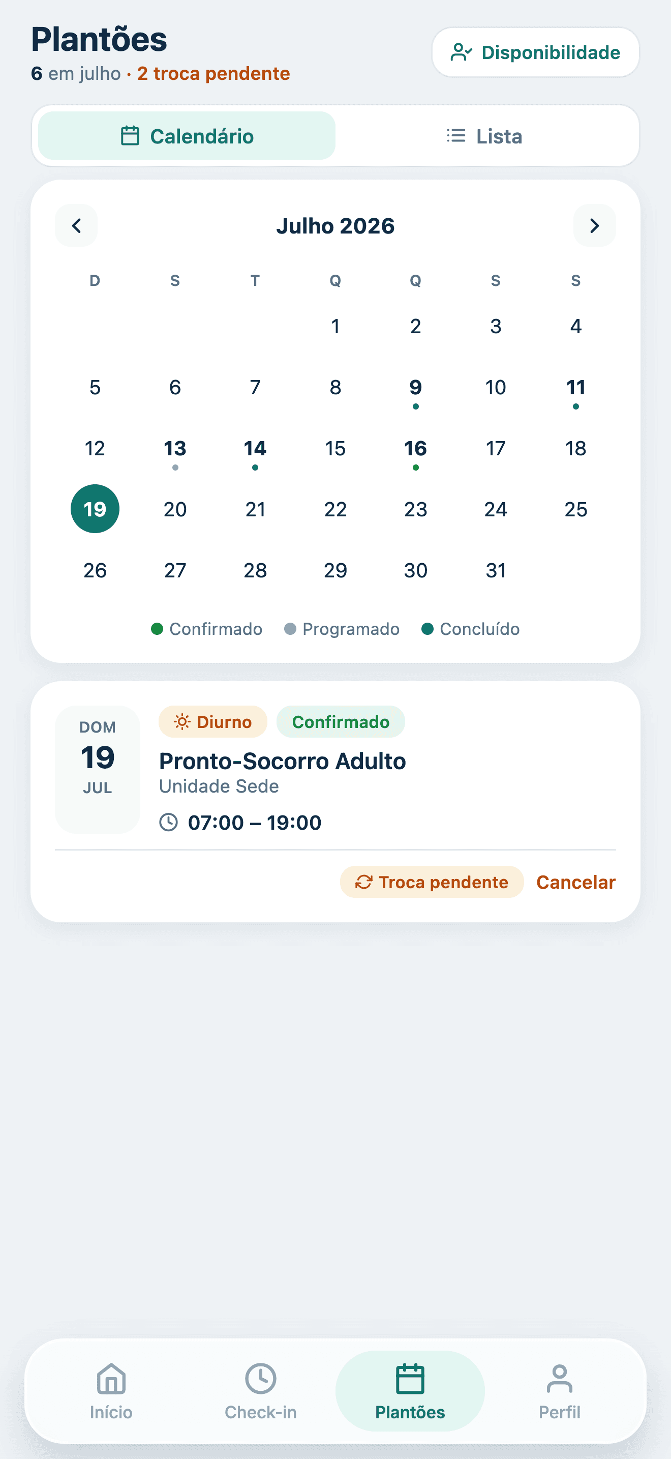 Calendário de plantões do Arcus com plantão confirmado e troca pendente