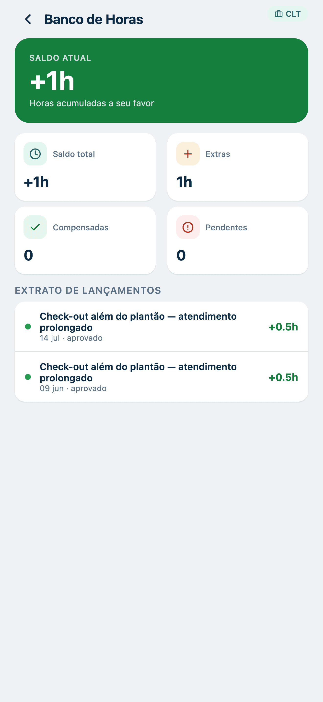 Banco de horas do Arcus com saldo e extrato de lançamentos aprovados