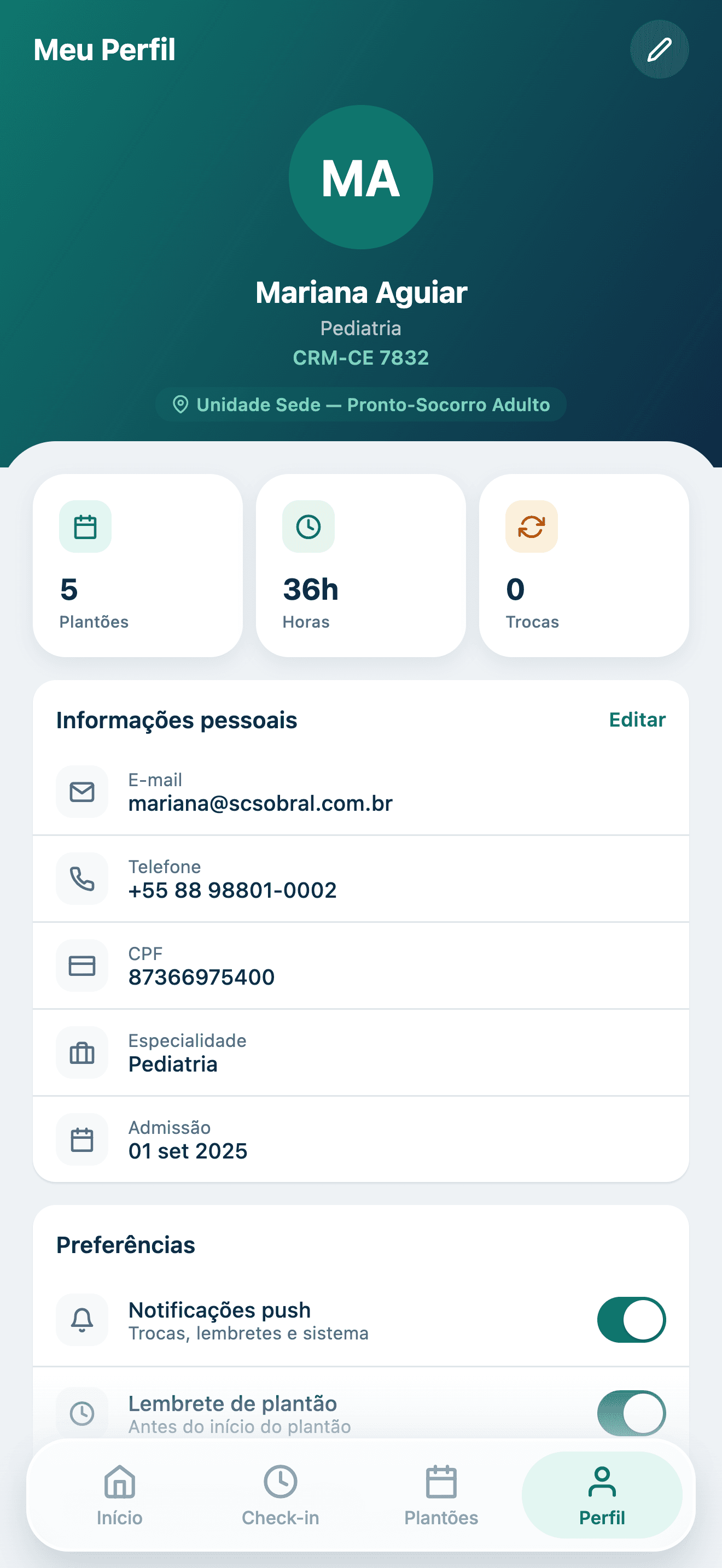 Perfil do médico com preferências e notificações