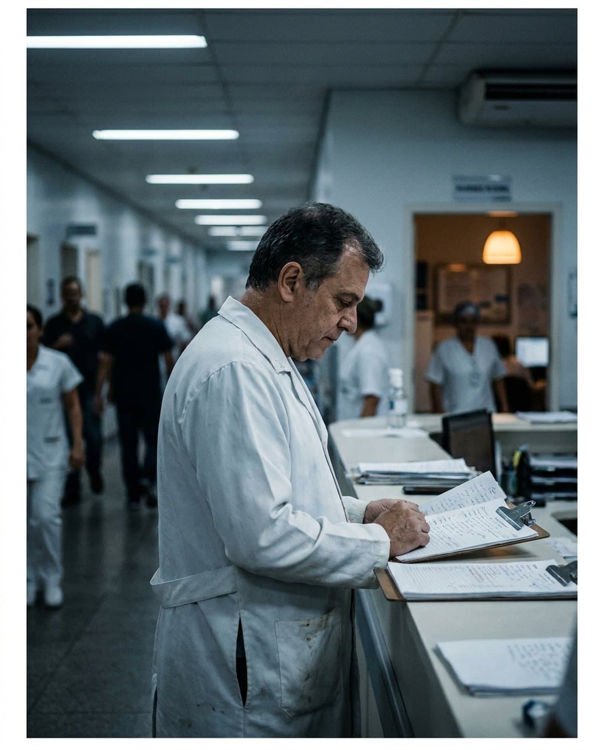 Médico de jaleco em pé no posto de enfermagem, conferindo uma prancheta, com o corredor da emergência desfocado ao fundo